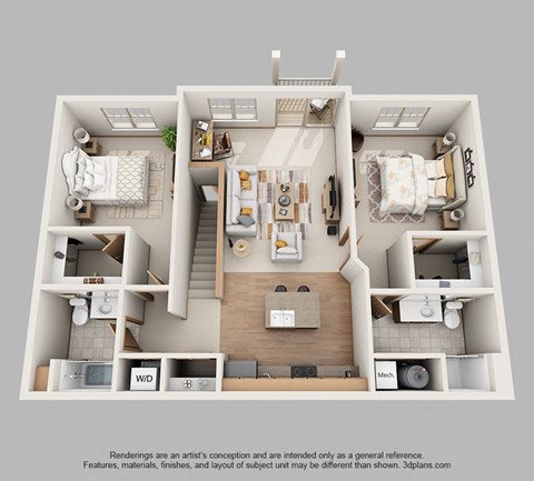 Floor plan for 2 beds, 2 baths, 1088 sqft